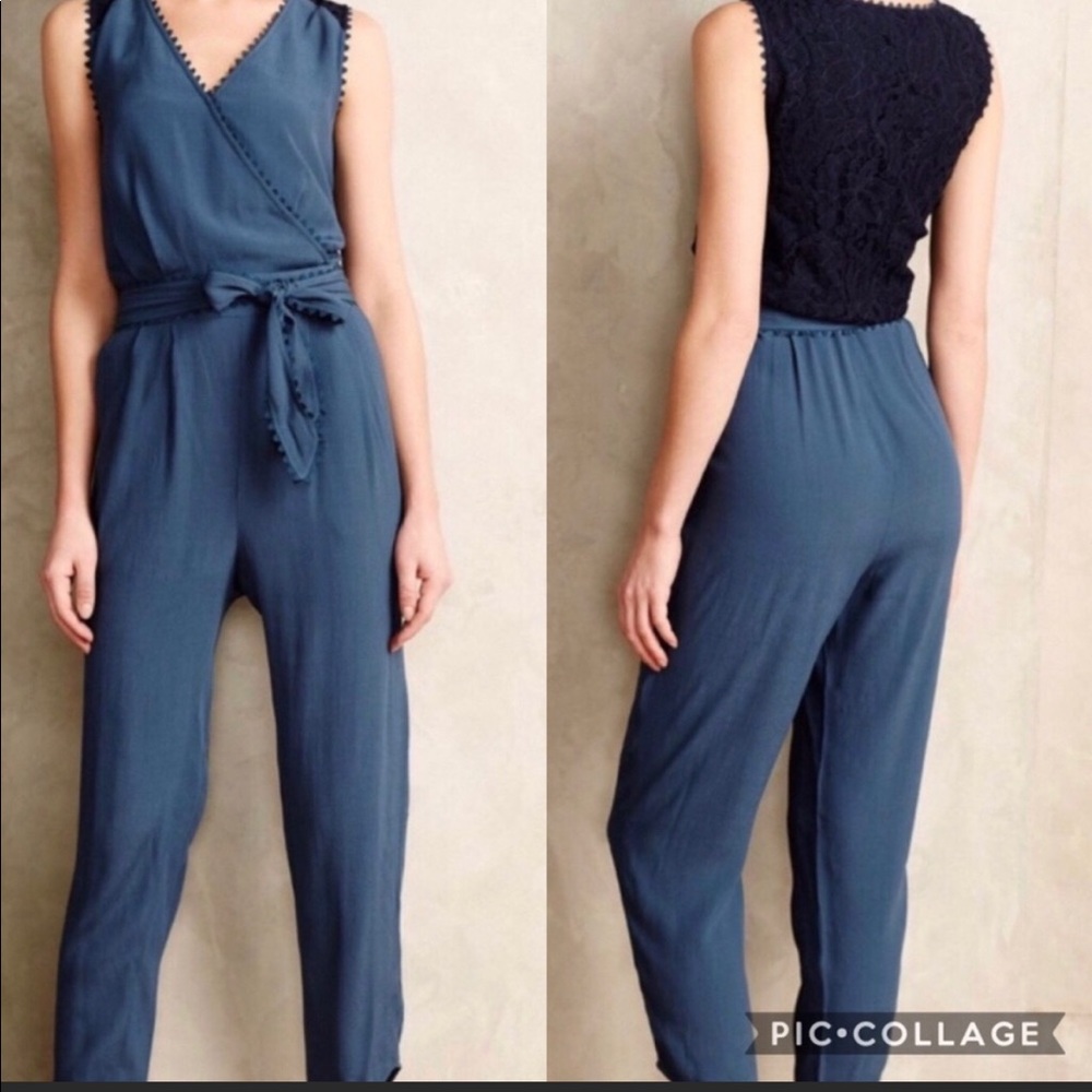 ANTHROPOLOGIE LEIFSDOTTIR JUMPSUIT SANI LACE BELT POCKETS BLUE SIZE 0P XS XXS